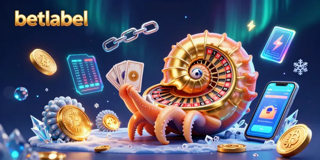 Win big at BetLabel Casino featuring a giant nautilus roulette wheel amidst vibrant crypto elements.