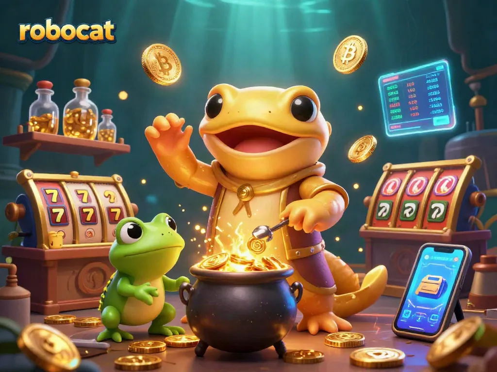 Engage with Robocat's thrilling casino games featuring vibrant 3D elements and neon-glow coins.