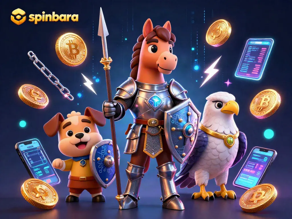 Spinbara casino features a knight, squire, and falcon surrounded by glowing crypto coins.