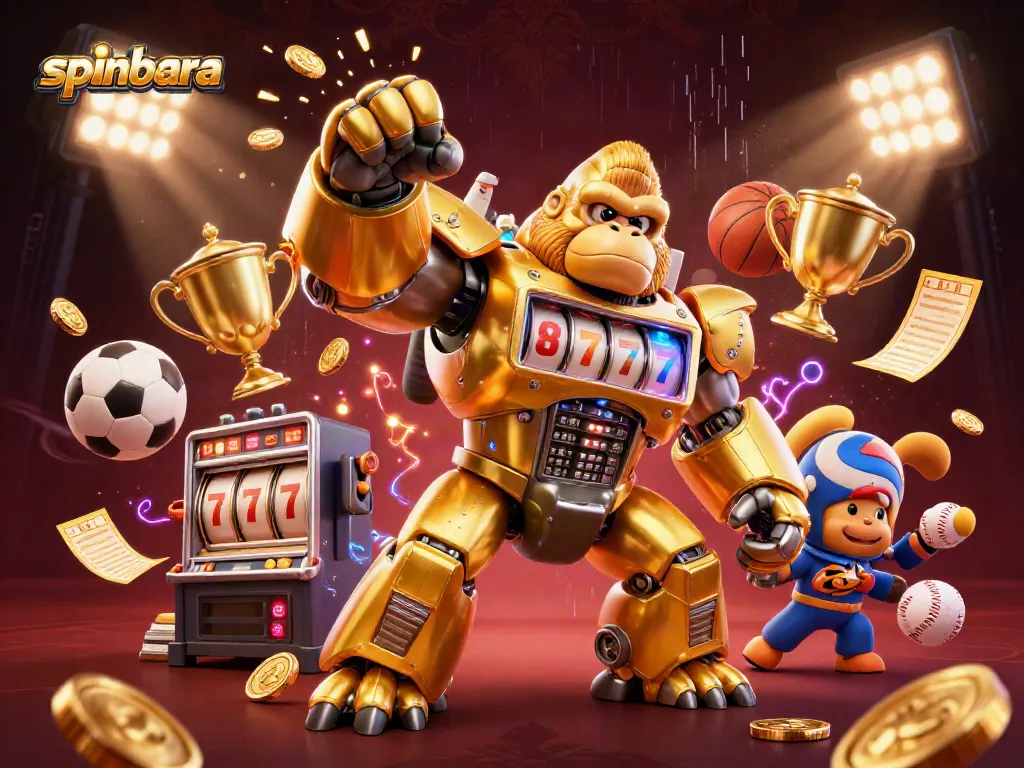 Experience the excitement at spinbara casino with a dynamic 3D illustration featuring a golden gorilla mech and sports elements.