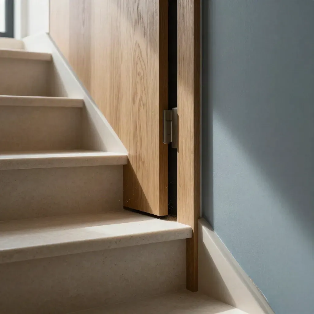 Detalle de escalera terminada y acabados de obra llave en mano, con polvo fino en el aire.