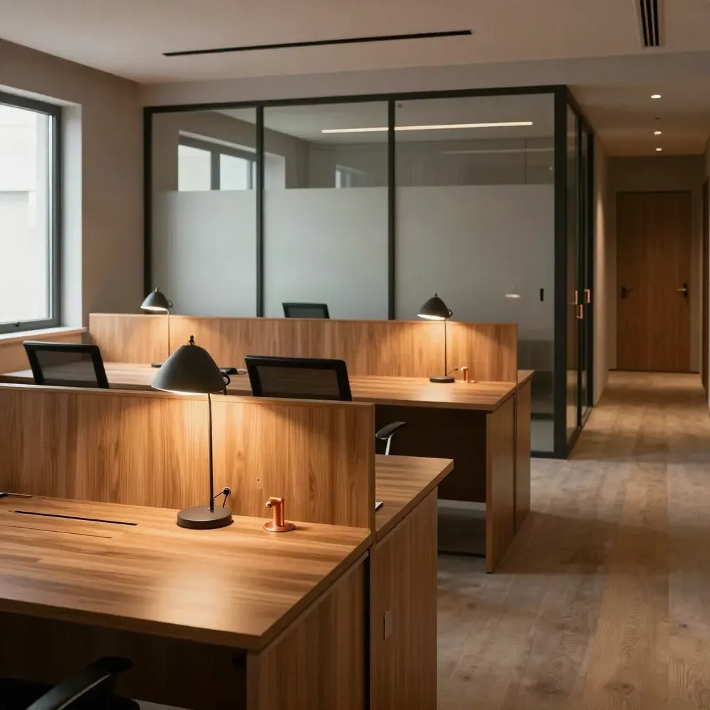 Oficina renovada con mesas vacías, sala acristalada y acabados cálidos listos para usar.