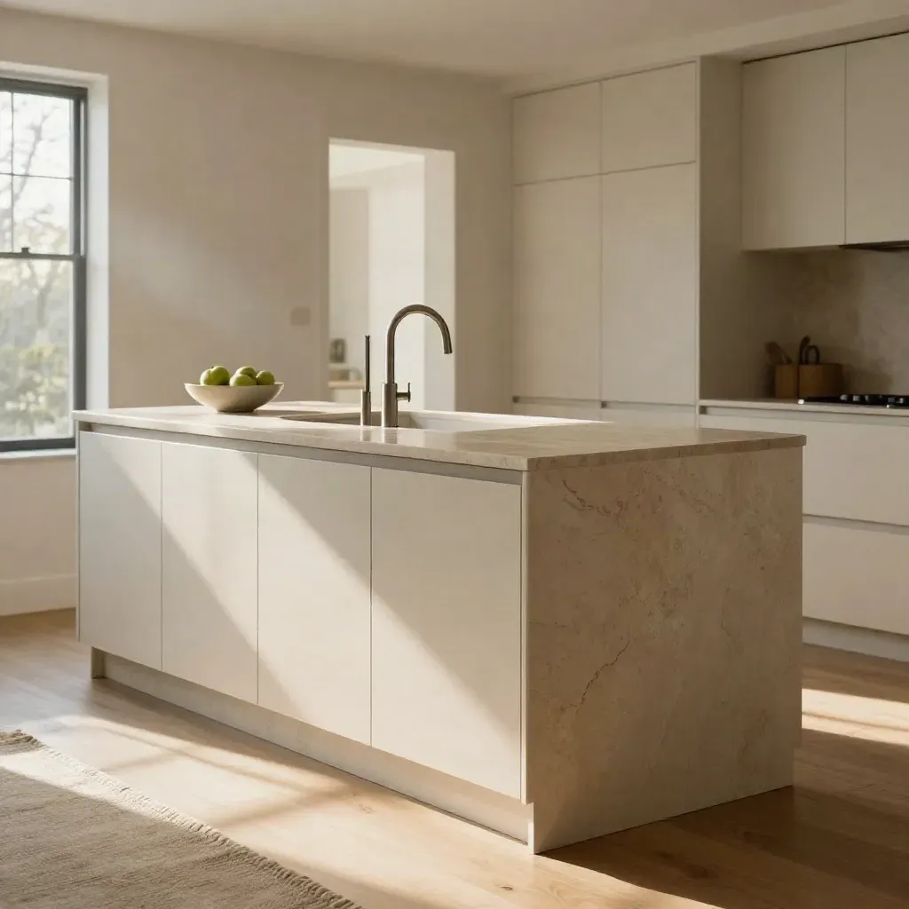 Cocina renovada con encimera de piedra, armarios lisos y luz cálida hacia un baño al fondo.