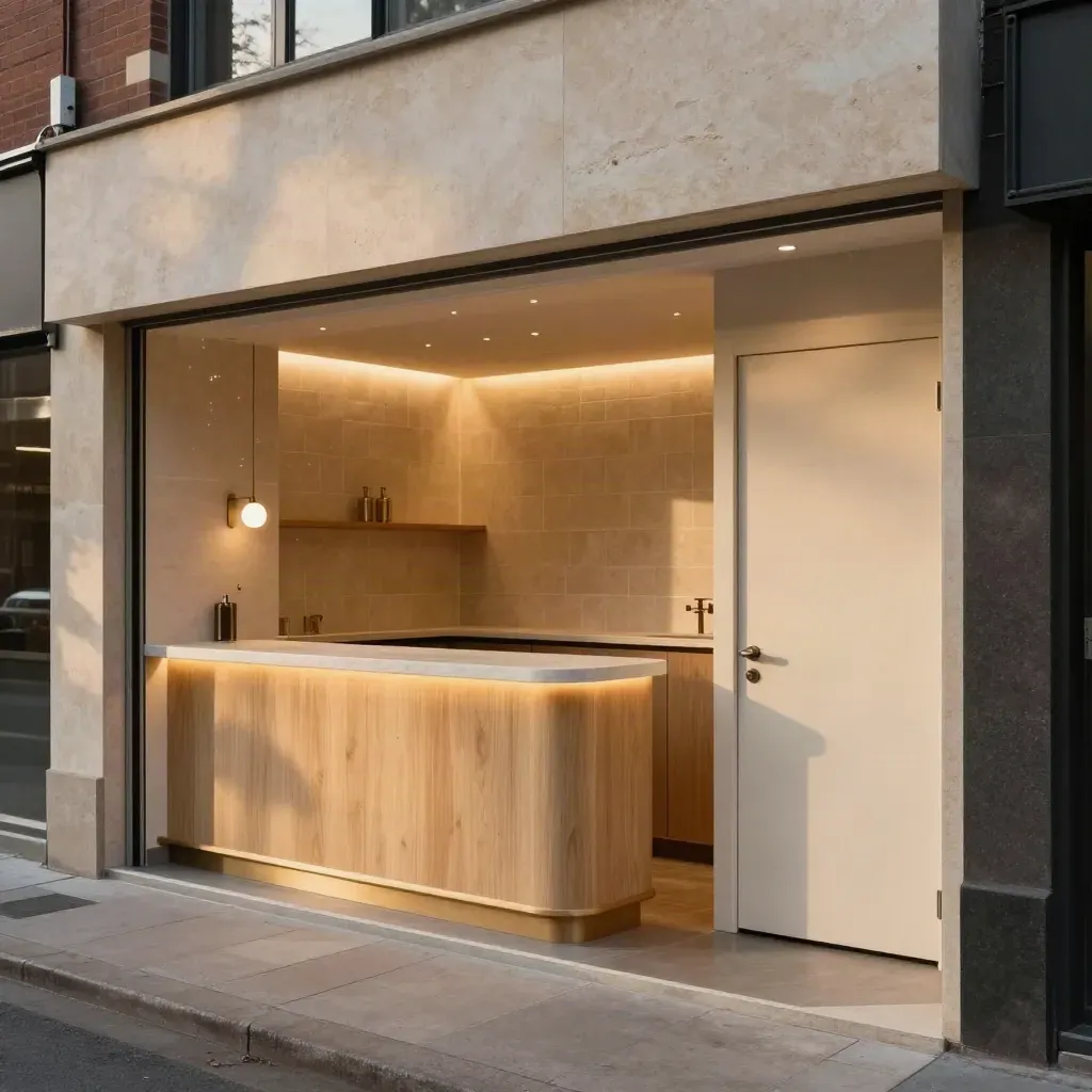Local comercial terminado con barra nueva, aseo renovado y luces encendidas al atardecer.