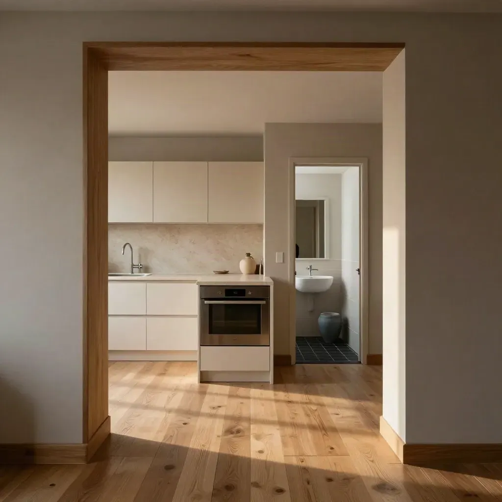 Interior renovado de un piso luminoso con cocina nueva, baño acabado y suelo de roble.