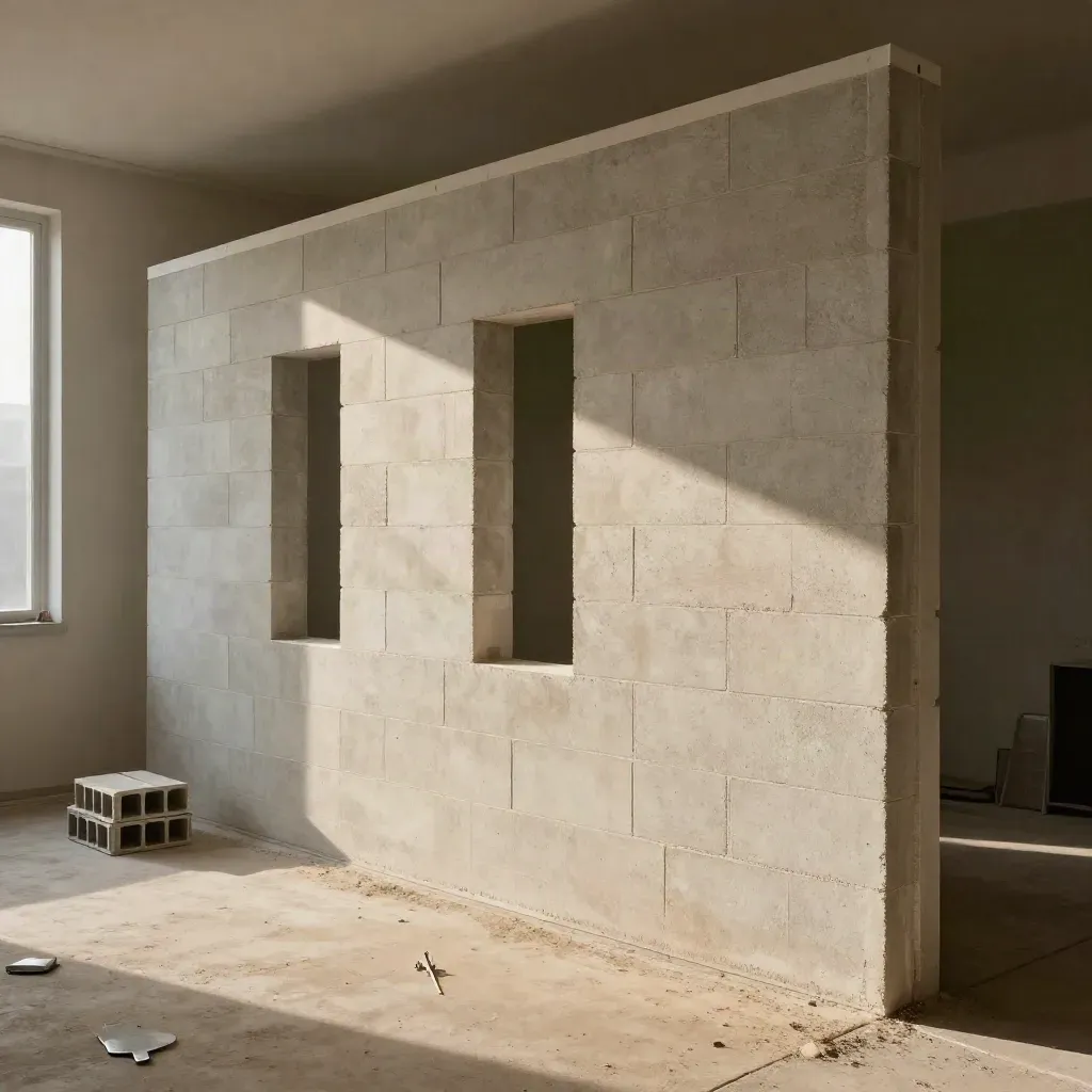 Muro de albañilería en obra, con rozas, remates limpios y luz dramática lateral.