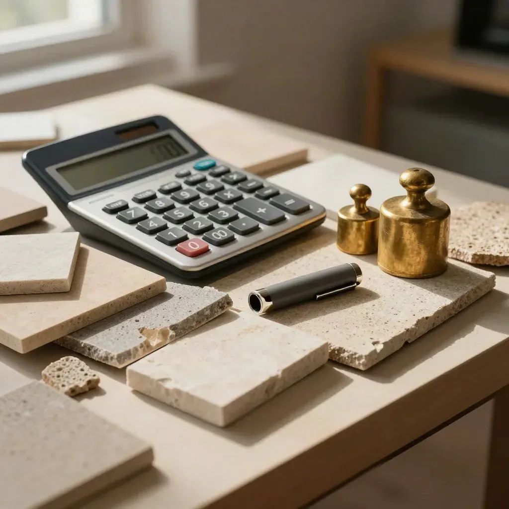 Calculadora, muestras de azulejo y pesas de latón sobre una mesa de obra