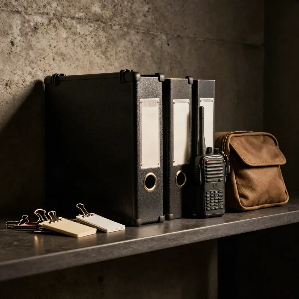 Kit de jefe de proyecto sobre estante oscuro con radio, archivador y clips metálicos