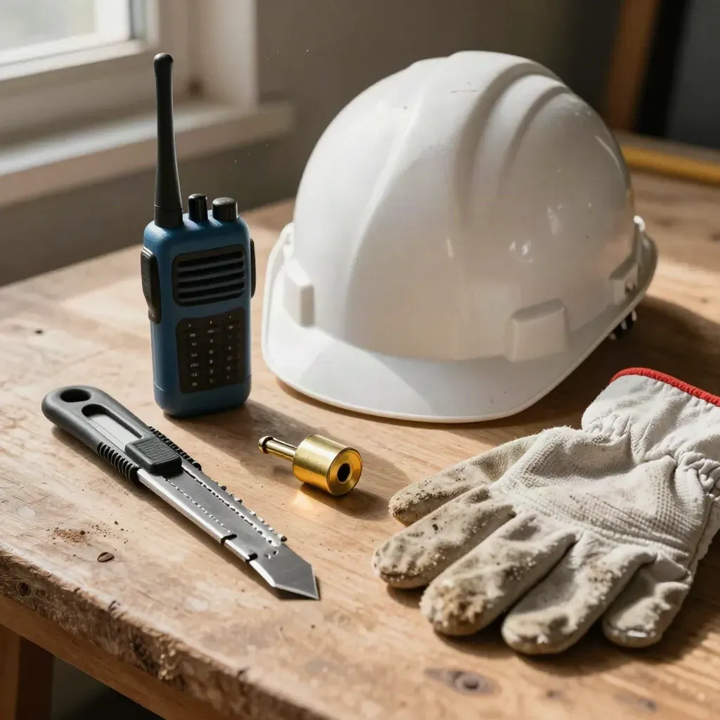Kit de encargado de obra sobre madera: casco, walkie-talkie, cúter, bombín y guantes.