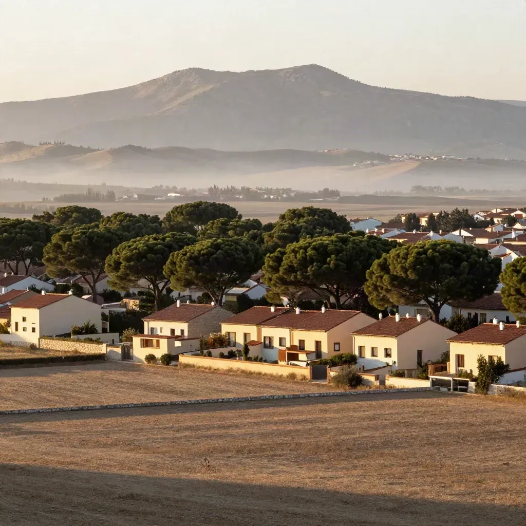 Paisaje del norte de Madrid con pinares, viviendas bajas y la sierra entre la niebla.
