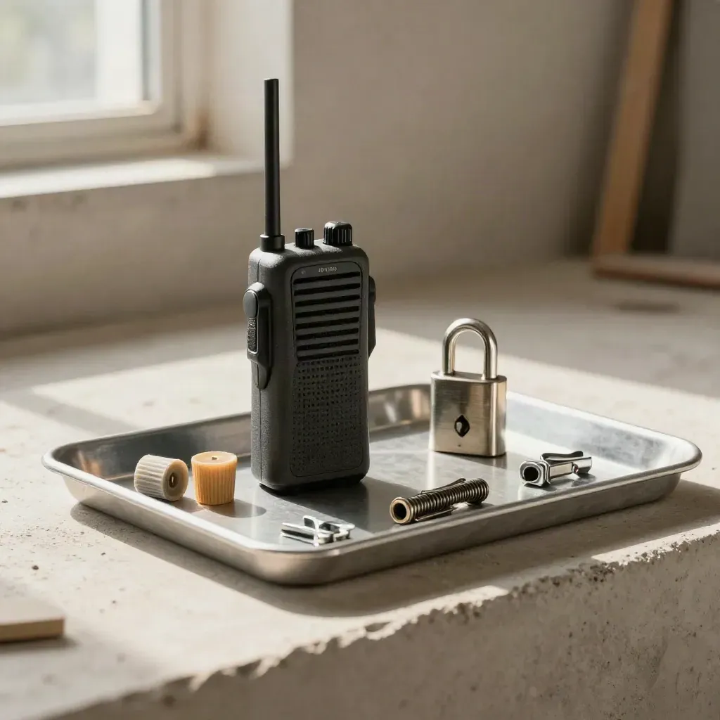 Kit de control de obra en bandeja de acero con radio, capuchones y herrajes