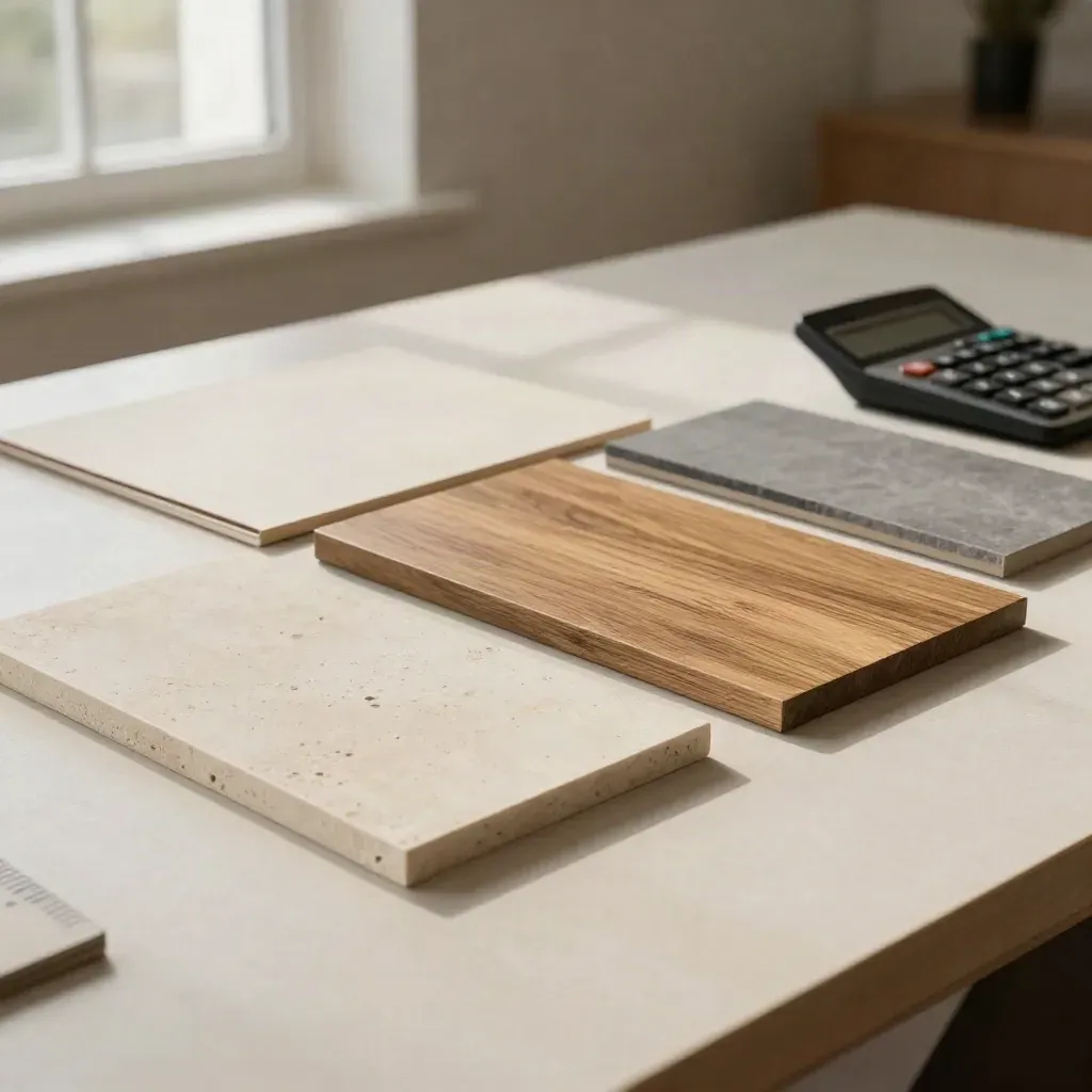 Muestrario de acabados con calculadora y carpeta sobre mesa de obra luminosa