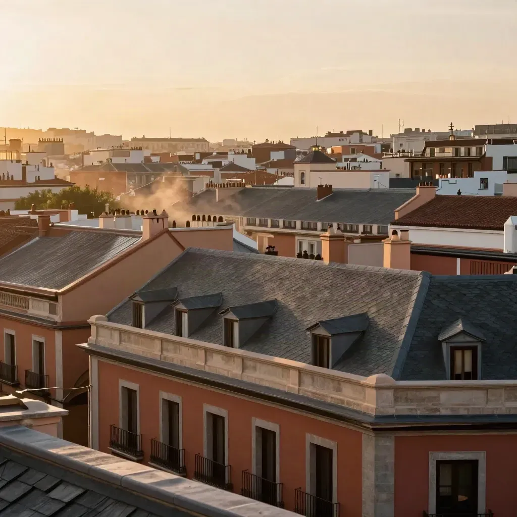 Azoteas de Madrid Centro con chimeneas de pizarra y fachadas ocres bajo bruma dorada.