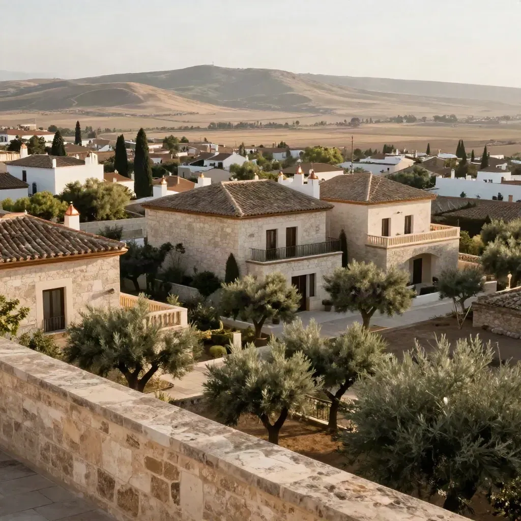 Vistas de Oeste de Madrid con chalets de piedra, árboles y colinas al fondo.