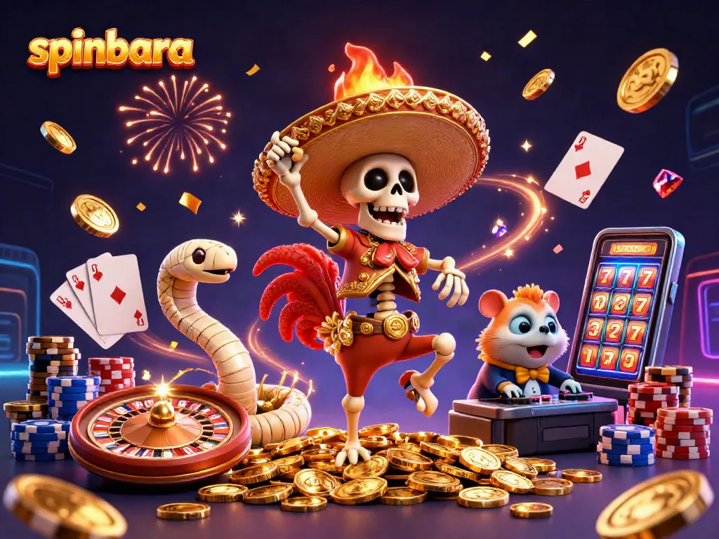 Experience the spinbara casino thrill with a festive 3D illustration featuring dynamic characters and vibrant gaming elements.