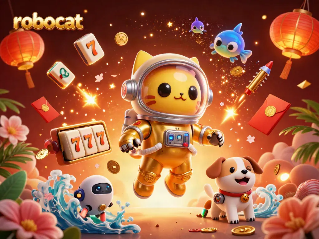 robocat spins reels in an online casino themed 3D illustration with vibrant casino symbols.